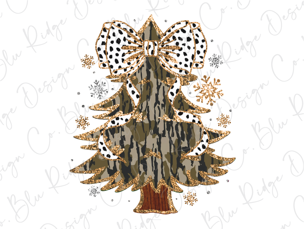 a christmas tree with a bow and snowflakes