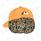 An orange baseball cap with a camouflage pattern, resembling a pumpkin.