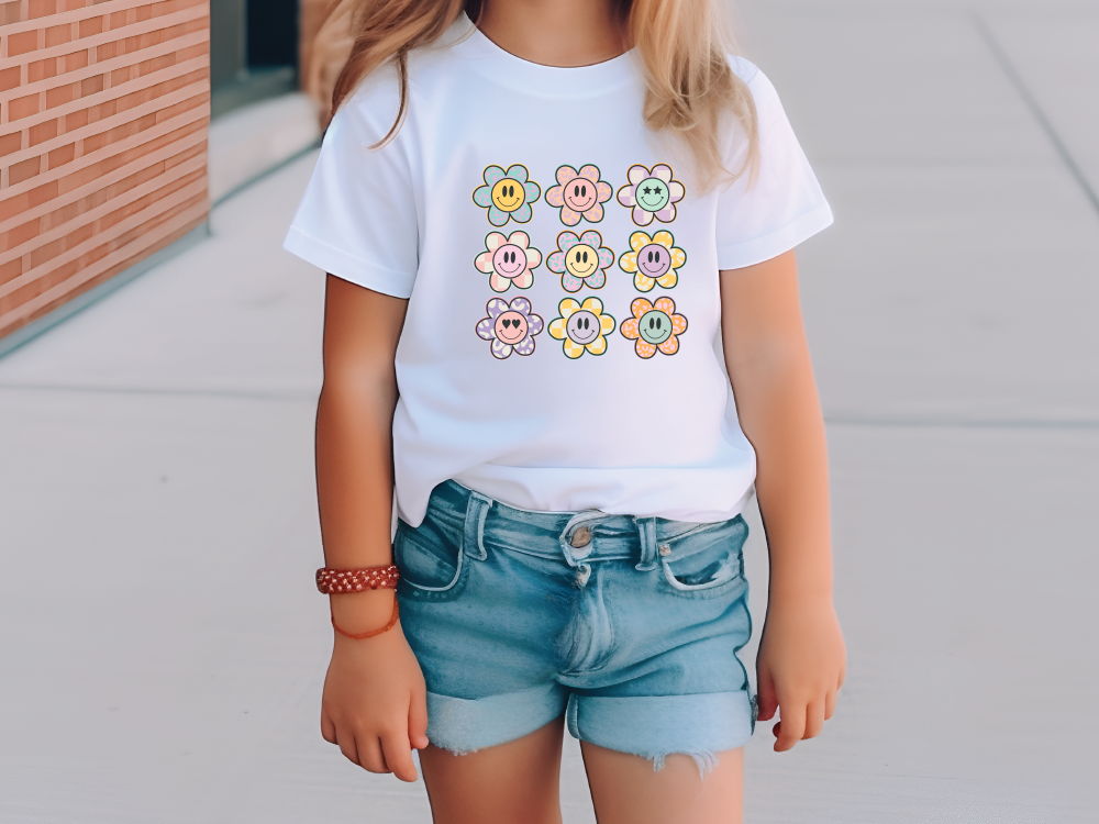 a little girl standing on a sidewalk wearing a t - shirt with flowers on it