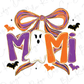 a Halloween-themed design with a ghost, a bow, and bats.