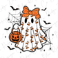 A Halloween-themed illustration featuring a ghost with a bow, holding a carved pumpkin and surrounded by bats and spiderwebs.