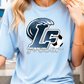 A woman wearing a light blue t-shirt with a graphic design featuring a soccer ball and the letters 'LF' printed on it.