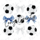 a bunch of soccer balls with a bow