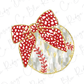 a red and white christmas ornament with a bow