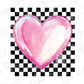 a pink heart on a black and white checkered background