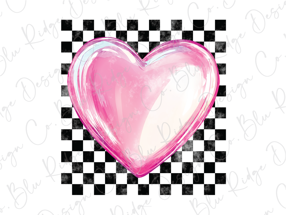 a pink heart on a black and white checkered background