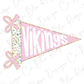 A pink triangular flag with the word "VIKINGS" written on it, along with two pink bows.
