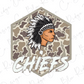 a Native American headdress with the word "CHIEFS" written below it, set against a camouflage pattern.