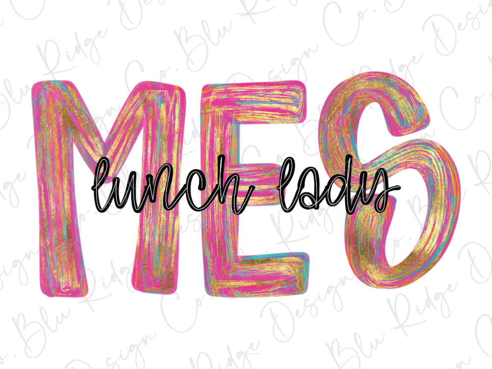 the text "lunch ladies" written in a stylized font, with the letters in various colors such as pink, blue, and yellow.