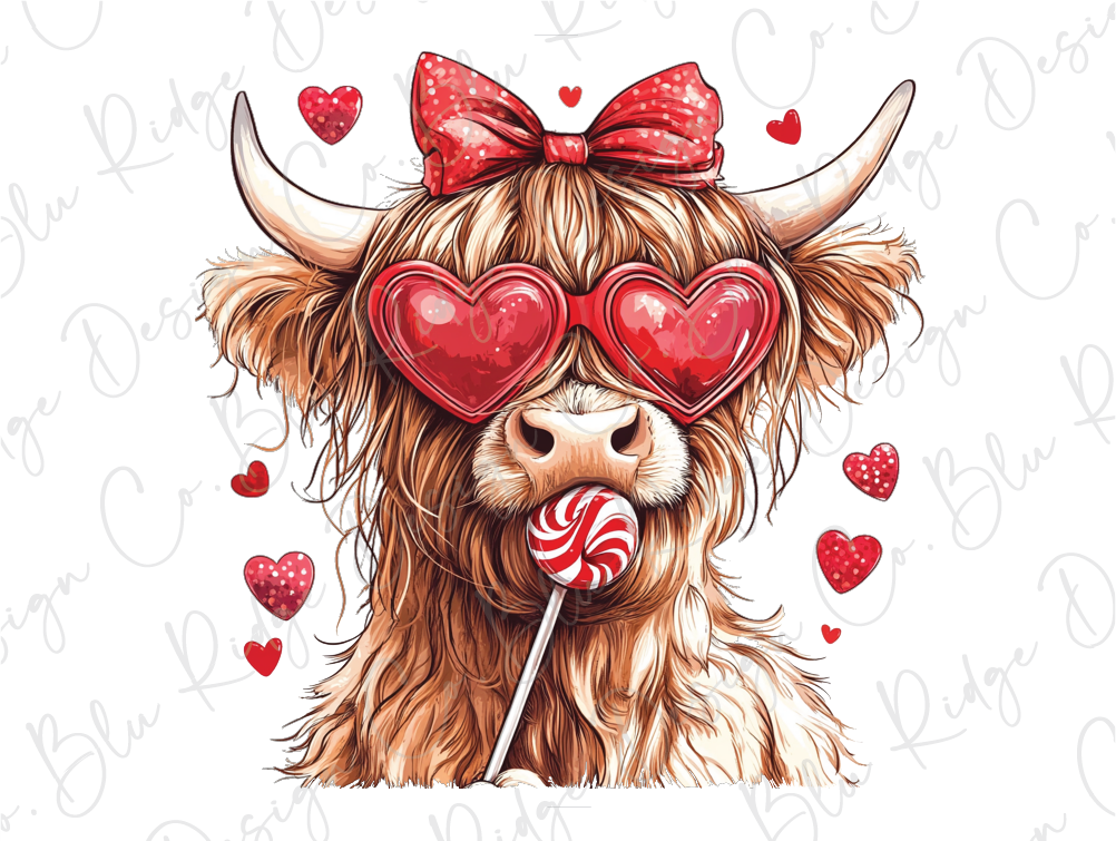 a cow with heart shaped glasses and a lollipop