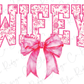 a pink floral design with a large pink bow, creating a decorative and visually appealing composition.