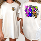 two different views of a white t-shirt with a colorful graphic design on the back.