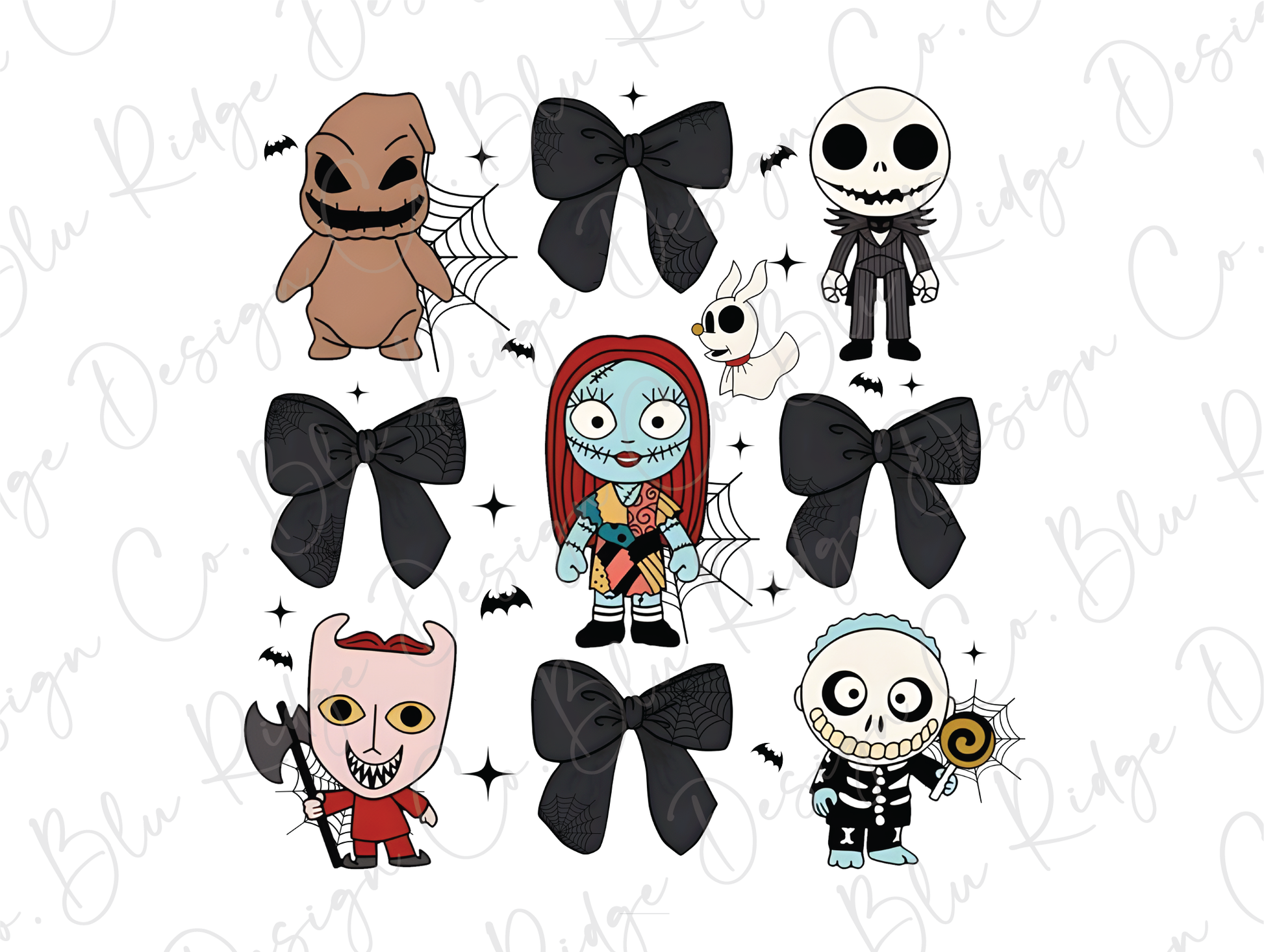 a group of cartoon characters with black bows