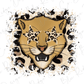 A stylized illustration of a leopard's face with star-shaped eyes, surrounded by a pattern of leopard spots and splatters.