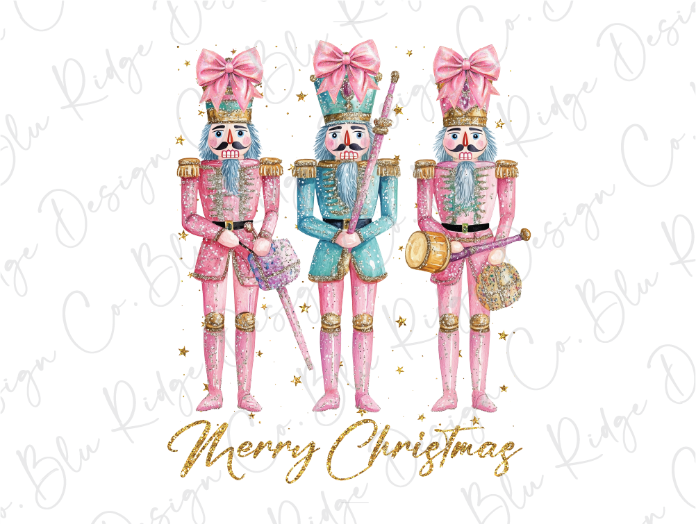 three nutcrackers wearing pink and blue outfits