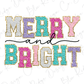 merry and bright with glitter letters on a white background