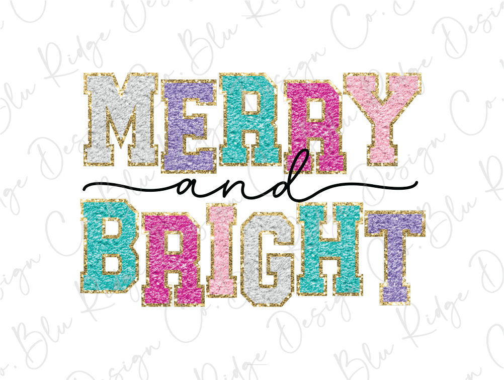 merry and bright with glitter letters on a white background