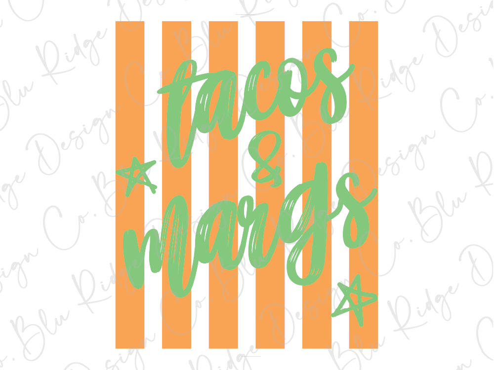 a graphic design with the text "tacos & margs" written in a stylized font, surrounded by orange and white striped vertical bars.