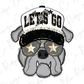 A cartoon image of a dog wearing a hat with the text "LET'S GO" and sunglasses with stars.