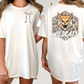 two different views of a white t-shirt with a graphic design on the back. The design features a cartoon-like wildcat with a bow on its neck and the word "WILDCATS" written below it.