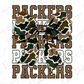 A camouflage-patterned bow made of brown and green fabric, with the text "PACKERS" written in a stylized font above it.