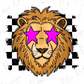 A stylized illustration of a lion's head with pink star-shaped eyes, set against a background with a checkered pattern.