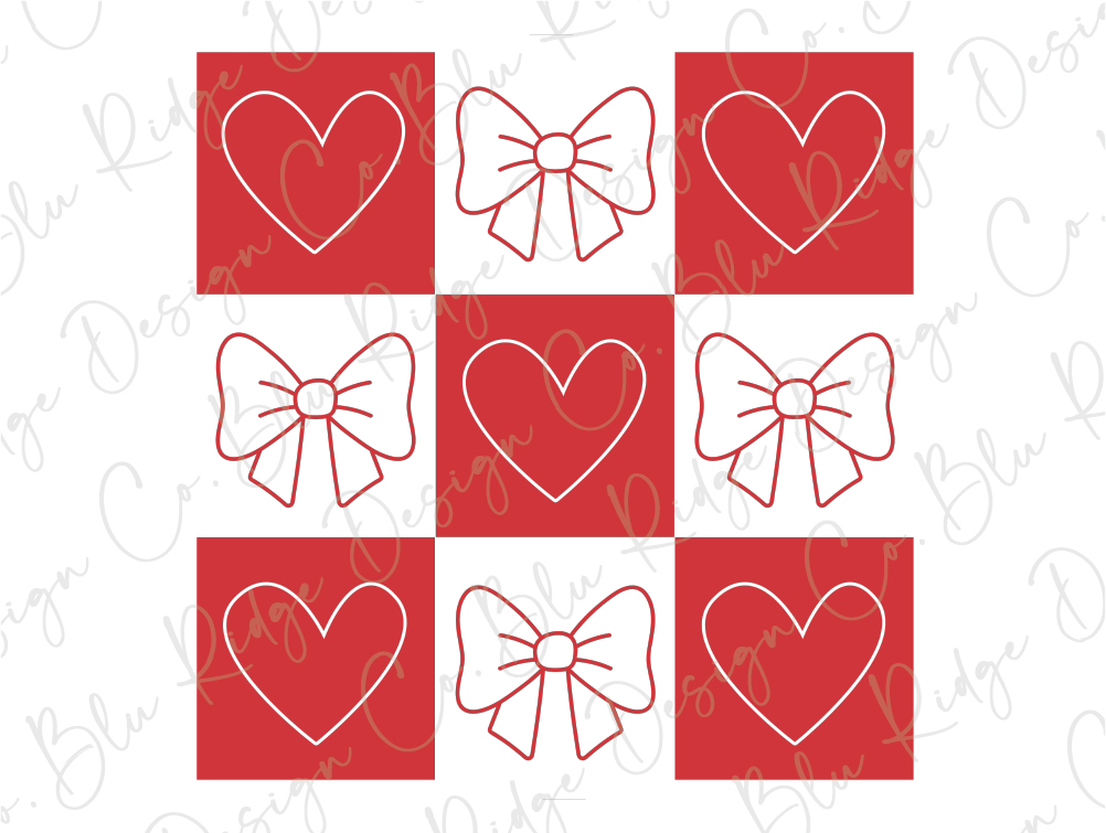 a red and white checkerboard with hearts and bows