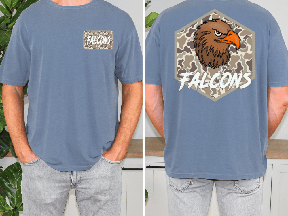 a man wearing a blue t-shirt with a graphic of an eagle and the word "FALCONS" printed on it.