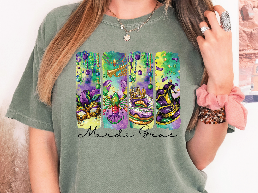 a woman wearing a t - shirt with mardi gras on it