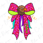 A colorful bow with a bird's head on it, featuring a leopard print pattern and a pink ribbon.