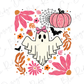 a white ghost with a pink bow and a pumpkin