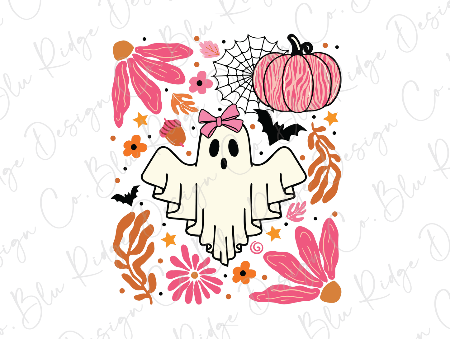 a white ghost with a pink bow and a pumpkin