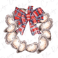 A wreath made of oyster shells, with a red and blue plaid bow tied around the center.