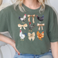 a woman wearing a green shirt with chickens on it