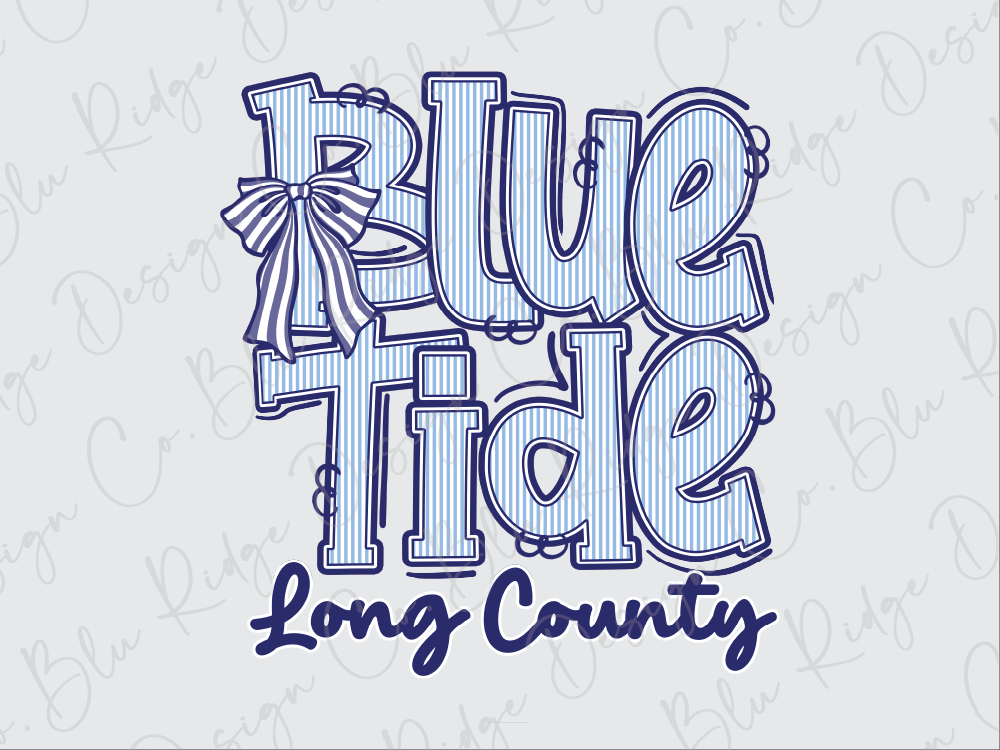 the text "Blue Tide Long County" in a stylized font, with the word "Blue" and "Tide" prominently displayed.