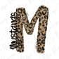 A stylized letter 'M' with a leopard print pattern, featuring the word "Mustangs" written in cursive script.