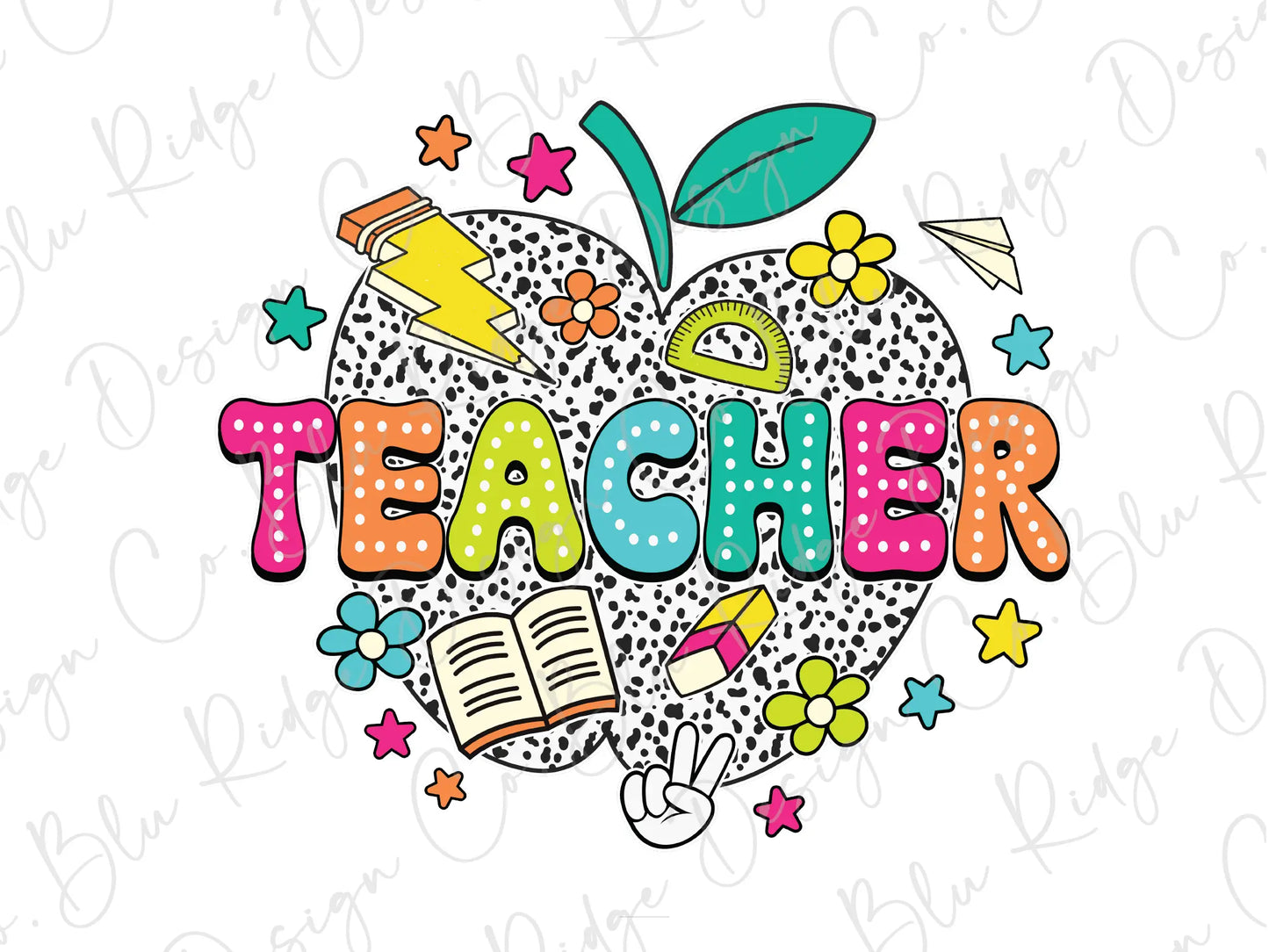 a teacher apple with a book and stars around it