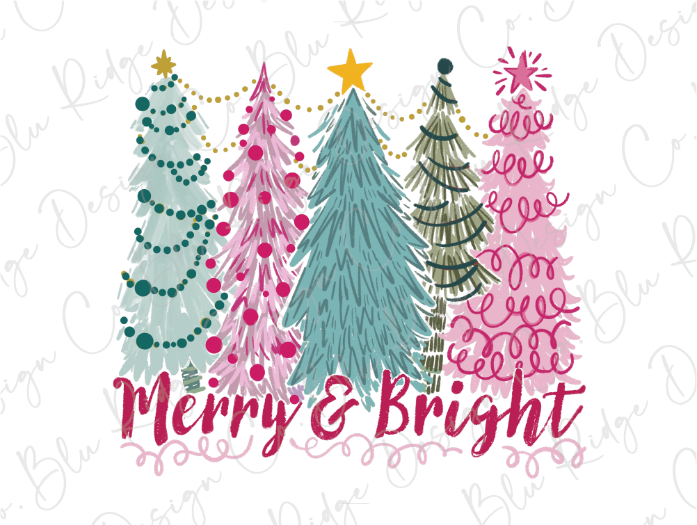 a merry and bright christmas card with trees