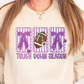 A woman wearing a white sweatshirt with a graphic design featuring a football and the text "TOUGH DOWN SEASON" printed on it.