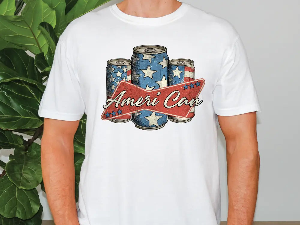 a man standing in front of a plant wearing an american can t - shirt