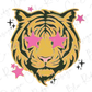 A stylized illustration of a tiger's head with pink stars surrounding it.
