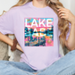 a woman sitting on a couch wearing a lake art t - shirt