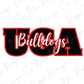 a red and black logo with the word bulldogs on it