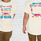 a white t-shirt with a colorful graphic design on the back. The design includes a sign that says "LAST DAY OF SCHOOL" and a graphic of a bat. The design is colorful and vibrant, with the bat and sign being the main elements.