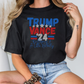 a woman sitting on a chair wearing a trump vance t - shirt