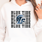 a woman wearing a white hoodie with a blue tide logo on it