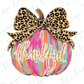 A colorful pumpkin with a leopard print bow and the word "Thankful" written on it.