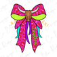 A cartoon illustration of a bull's head wearing a pink bow with a green and red pattern.