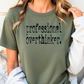 a woman wearing a green shirt that says professional overthiker