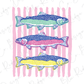 three colorful fish swimming in a row, with each fish displaying a different color and pattern.